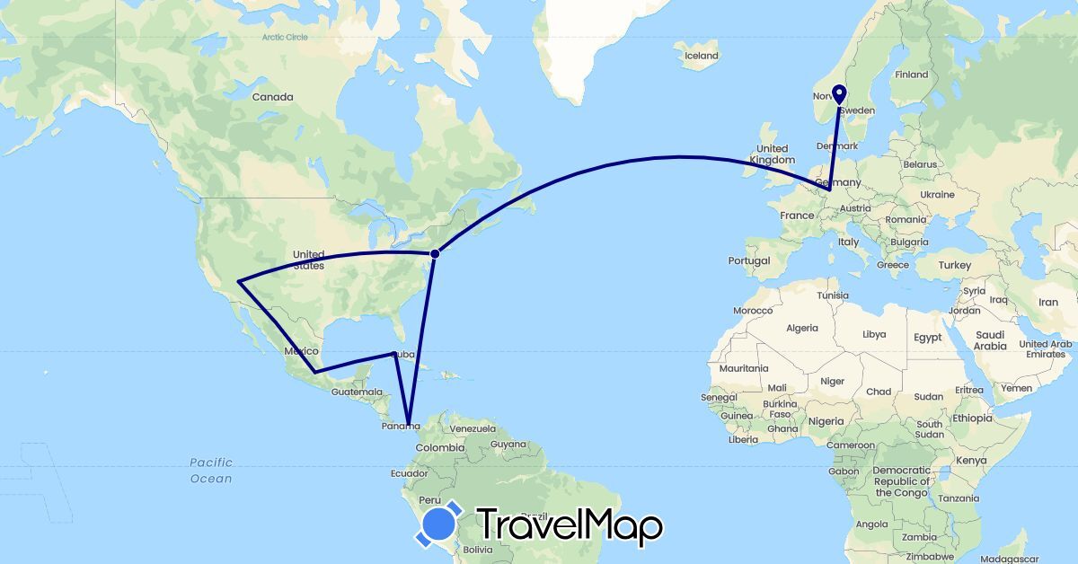 TravelMap itinerary: driving in Cuba, Germany, Mexico, Norway, Panama, United States (Europe, North America)